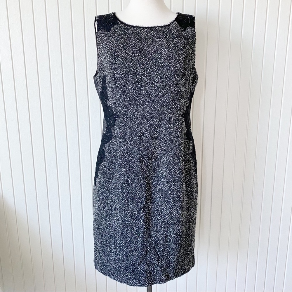 Elie Tahari Boucle Lace Black Gray (Grey) Leopard Sleeveless Sheath Dress Sz 14